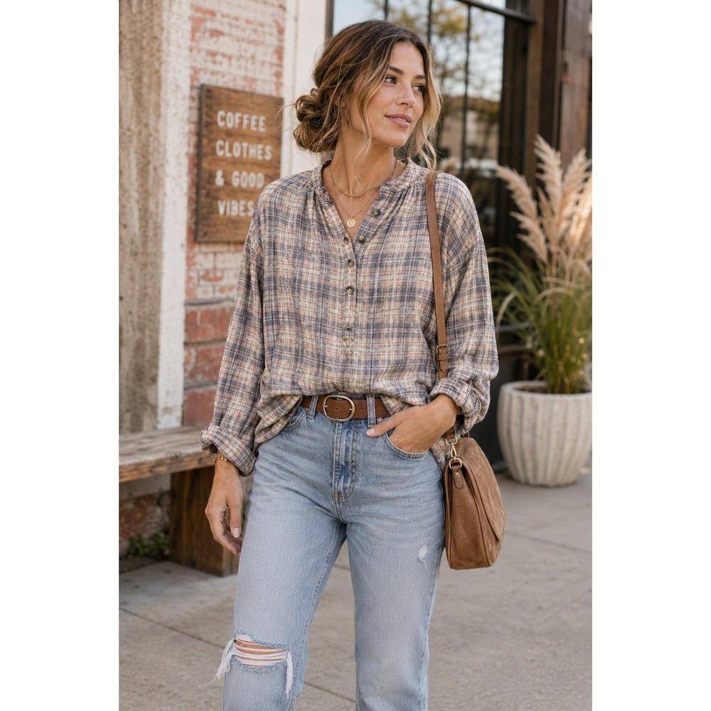 Free People We The Free Women's Medium Plaid Henley Wool Blend Poetcore Boho